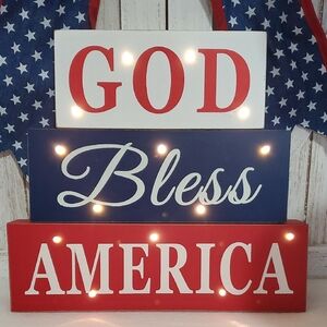 4th of July Patriotic Light-Up Wood GOD BLESS AMERICA Sign